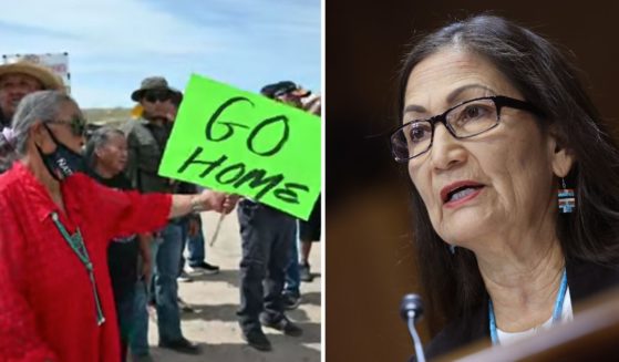 Navajo landowners protest against the Biden administration at Chaco Culture National Historical Park on June 11. Interior Secretary Deb Haaland testifies during a Senate hearing on May 2 in Washington, D.C.