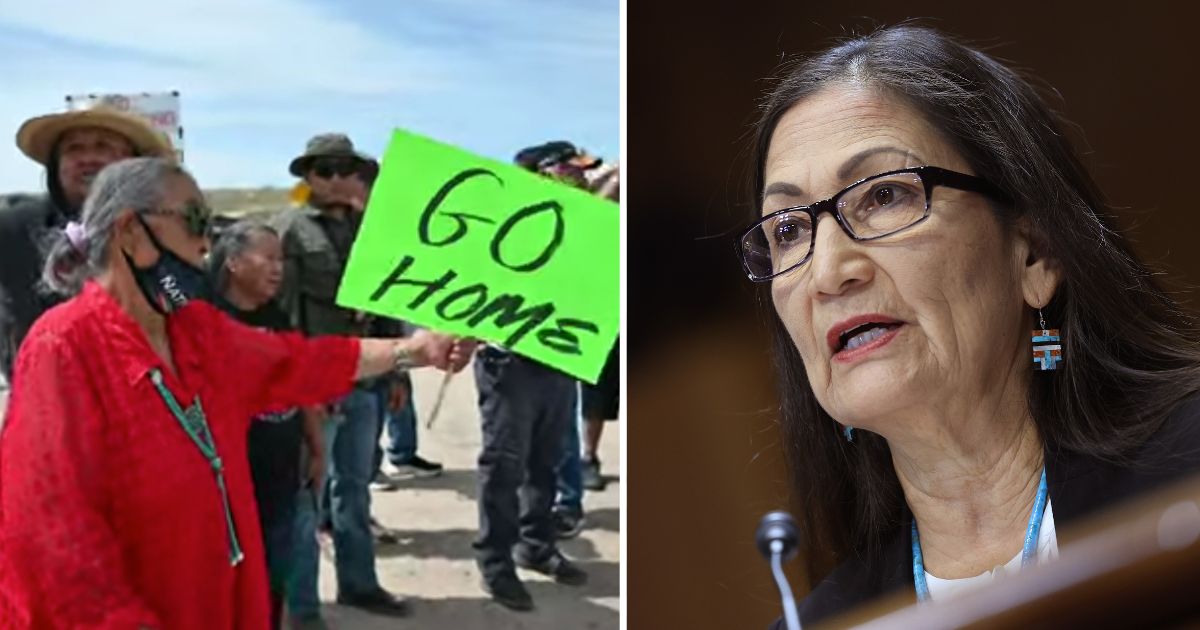 Navajo landowners protest against the Biden administration at Chaco Culture National Historical Park on June 11. Interior Secretary Deb Haaland testifies during a Senate hearing on May 2 in Washington, D.C.