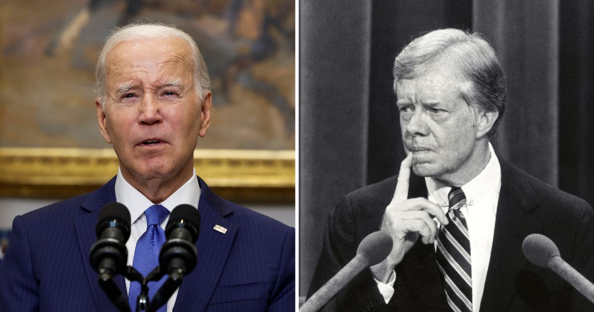 President Joe Biden, left, gives remarks at the White House on July 21 in Washington, D.C. President Jimmy Carter speaks at Madison Square Garden in New York on August 14, 1980.