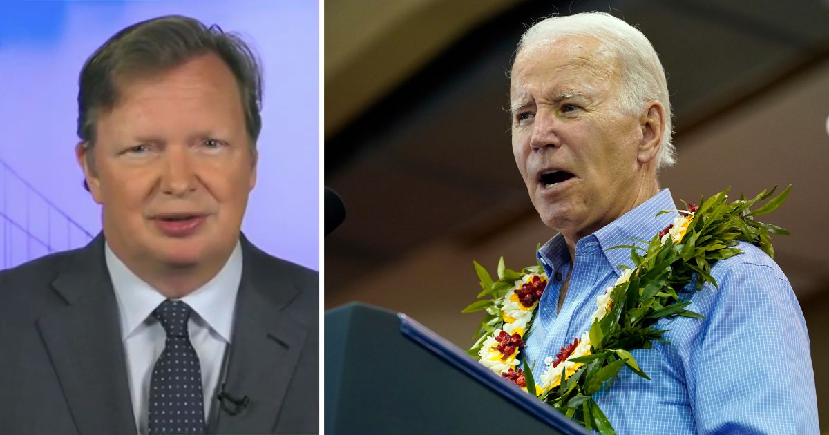 Jim Messina, left, appears on Fox News on Wednesday. President Joe Biden speaks on Monday in Lahaina, Hawaii.