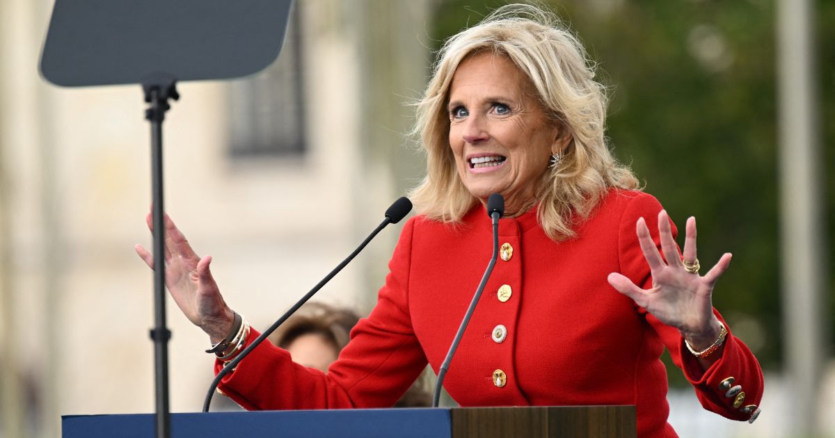 First Lady Jill Biden speaks during a flag raising ceremony for the return of the United States to UNESCO after an over half decade absence at the UNESCO headquarters in Paris, on July 25.