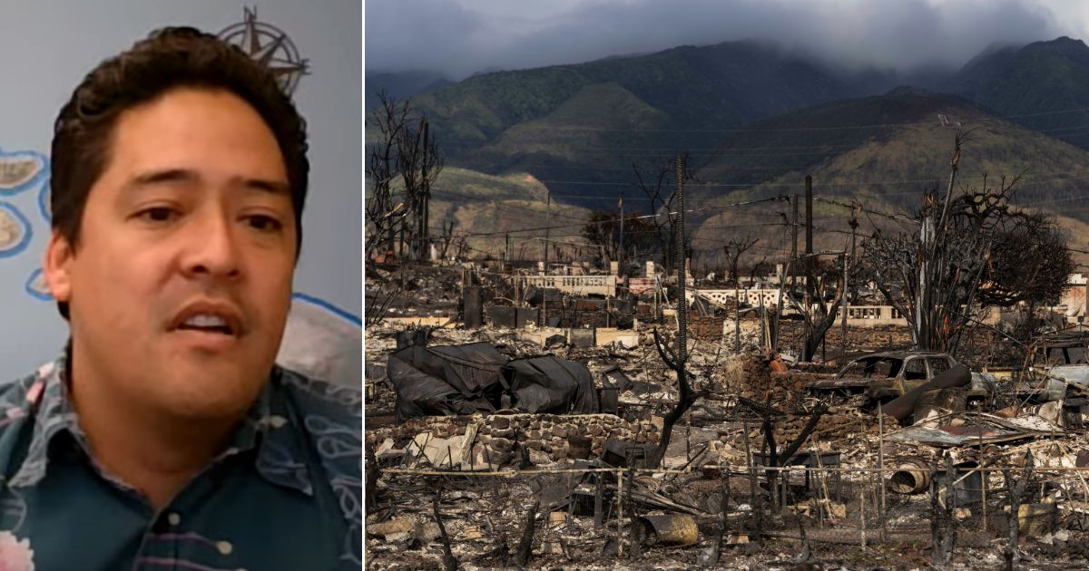 Kaleo Manuel, left, has been harshly criticized for his actions during the wildfire that ravaged Lahaina, Hawaii, right.