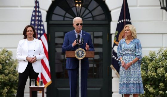 President Joe Biden delivers remarks alongside first lady Jill Biden and Vice President Kamala Harris at the Congressional Picnic on the South Lawn of the White House in Washington, D.C., on July 19.
