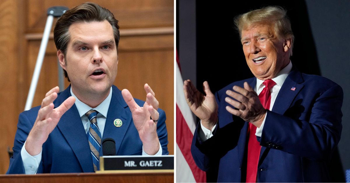 Rep. Matt Gaetz speaks during a House Judiciary Committee hearing on Capitol Hill in Washington, D.C., on July 26. Former President Donald Trump speaks at a campaign rally on Tuesday at Windham High School in Windham, New Hampshire.
