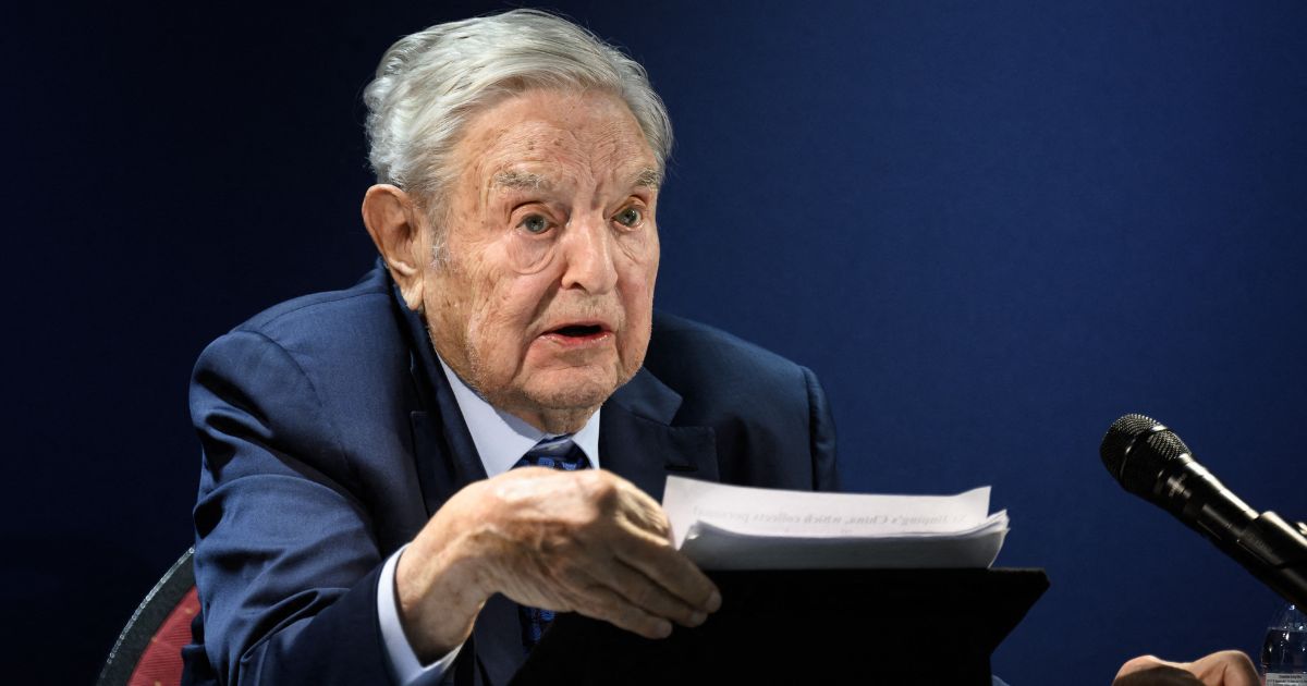 George Soros addresses an assembly at the World Economic Forum's annual meeting in Davos, Switzerland, on May 24, 2022.