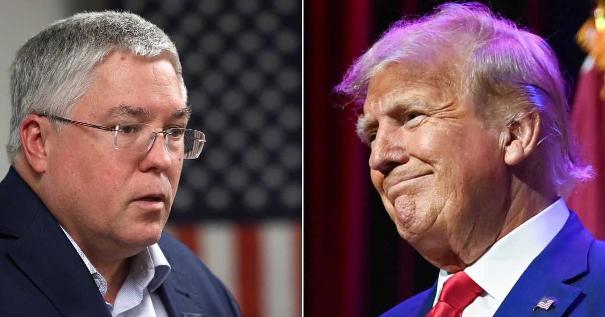 West Virginia Attorney General Patrick Morrisey, left, suggested the federal trial of former President Donald Trump, right, should be moved to his state to ensure a fair trial.