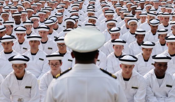 Incoming plebes take part in their induction at the U.S. Naval Academy on June 29 in Annapolis, Maryland.