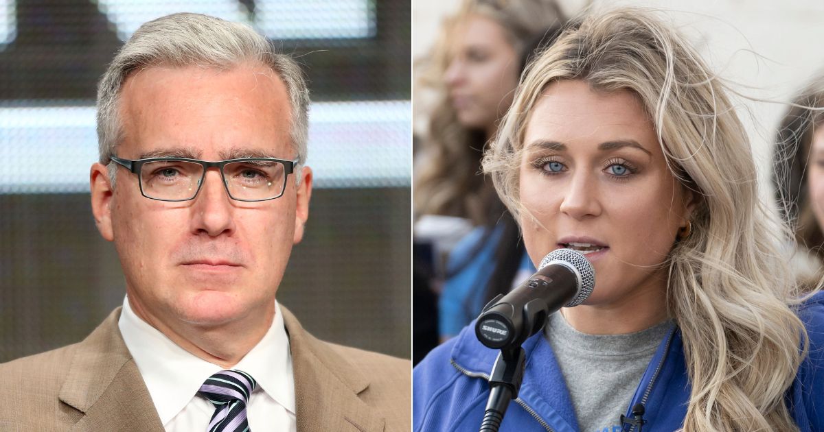 Keith Olbermann, left, posted on X, attacking Riley Gaines, right, for her speaking out against having transgender athletes compete in women's sports. Many on X began mocking Olbermann.