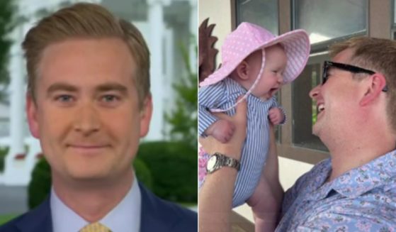 On Monday, Peter Doocy, left, returned to Fox News after an extended absence, explaining he was spending time with his new baby daughter, right.