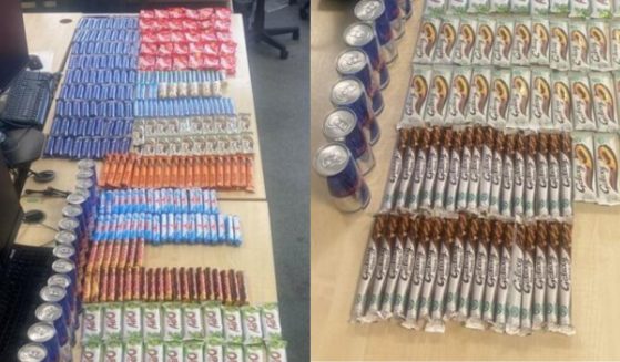 Chocolate and other confections are lined up after a bust in the United Kingdom.