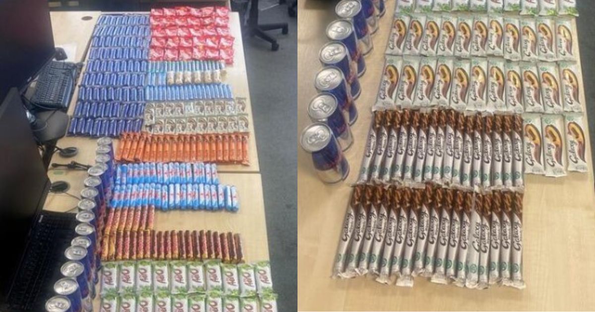 Chocolate and other confections are lined up after a bust in the United Kingdom.