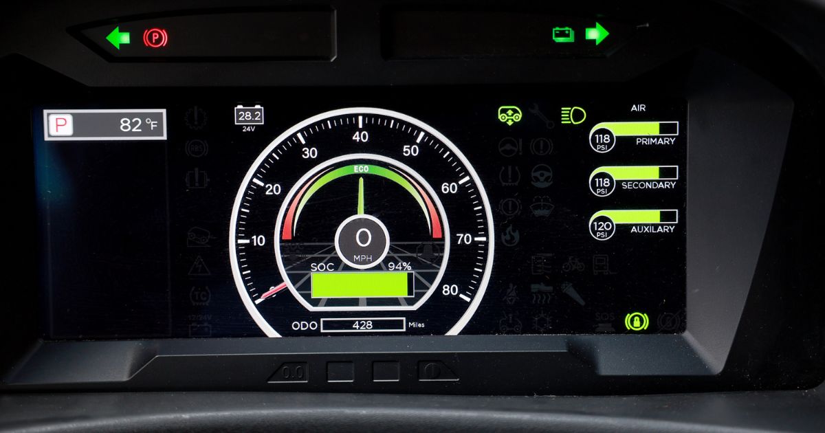 The instrument panel showing how much battery life remains is part of the dash board in a 40-foot, battery-powered electric bus being used in Miami, Florida. Miami-Dade County announced on Feb. 2 that its transit system has begun using 75 Proterra ZX5 battery-electric buses.