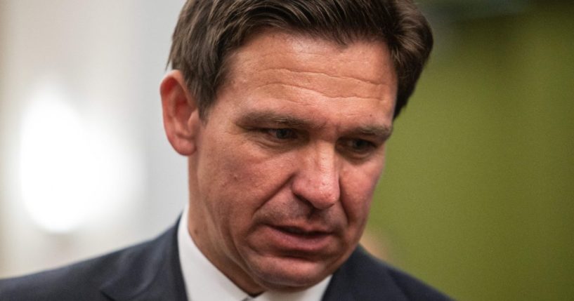 Florida Gov. Ron DeSantis looks on after speaking at an event in Des Moines, Iowa, on July 28.