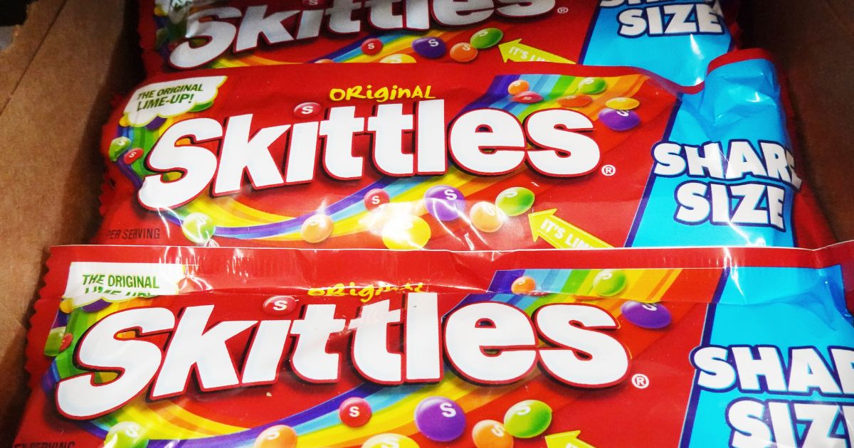 Packages of Skittles candies are on display in a Walgreens in Los Angeles, California, on May 30.