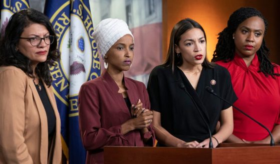 Four members of the House "squad" - Reps. Rashida Tlaib, Ilhan Omar, Alexandria Ocasio-Cortez, and Ayanna Pressley -speak out against then-President Donald Trump from the Capitol in Washington, D.C., on July 15, 2019.