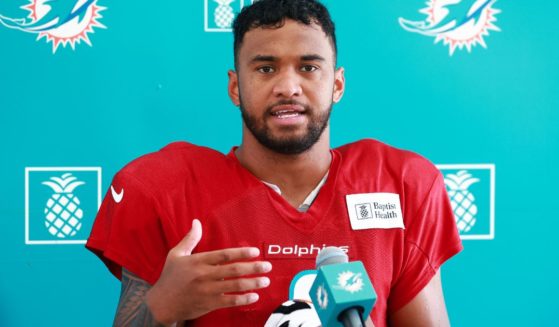Tua Tagovailoa of the Miami Dolphins speaks to the media after practice on Aug. 9 in Miami Gardens, Florida.