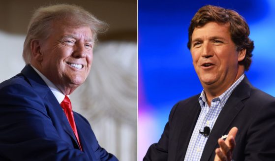 At left, former President Donald Trump speaks during an event at his Mar-a-Lago property in Palm Beach, Florida, on April 4. At right, former Fox News host Tucker Carlson speaks at the Turning Point Action conference in West Palm Beach, Florida, on July 15.