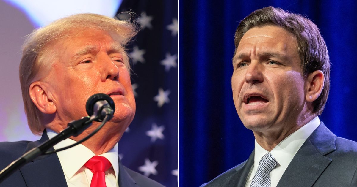 Republican presidential candidate and former President Donald Trump, left, claimed in a Truth Social post that he heard "rumors" that the No. 2 candidate in the race, Florida Gov. Ron DeSantis, right, will be dropping out.