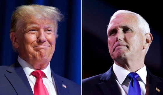 At left, former President Donald Trump smiles as he arrives to speak during the North Carolina Republican Party Convention in Greensboro on June 10, 2023. At right, Republican presidential candidate and former Vice President Mike Pence speaks at the Christians United for Israel summit in Arlington, Virginia, on July 17.