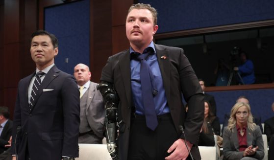 U.S. Marine Corps. Sgt. Tyler Vargas-Andrews testifies before the House Foreign Affairs Committee at the U.S. Capitol on March 8 in Washington, DC. Vargas-Andrews was injured while defending an attack on Hamid Karzai International Airport as U.S. forces withdrew.