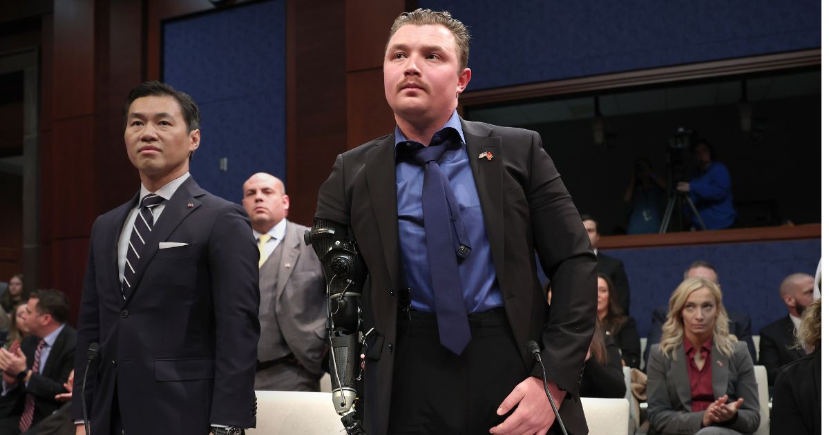 U.S. Marine Corps. Sgt. Tyler Vargas-Andrews testifies before the House Foreign Affairs Committee at the U.S. Capitol on March 8 in Washington, DC. Vargas-Andrews was injured while defending an attack on Hamid Karzai International Airport as U.S. forces withdrew.