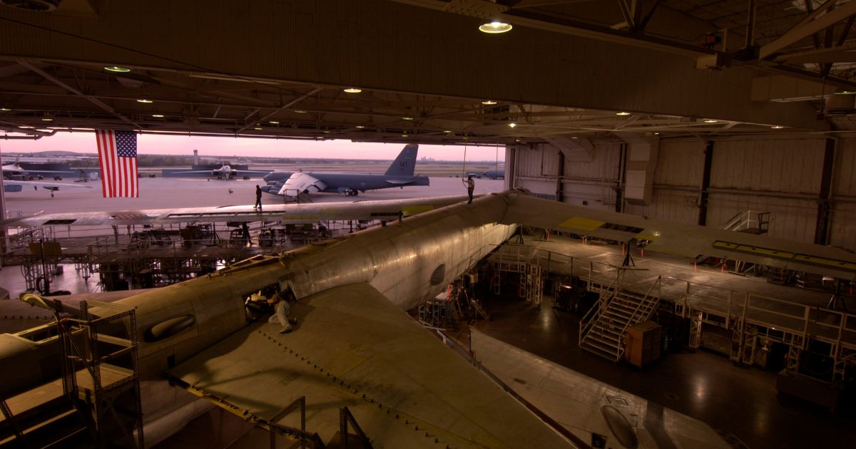 A B-52 bomber is refurbished in 2003 at Tinker Air Force Base in Oklahoma City, Oklahoma.