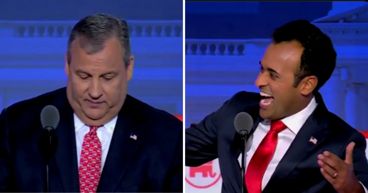 Chris Christie, left, and Vivek Ramaswamy participate in the first GOP primary debate on Wednesday.