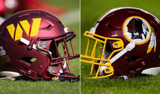 Some Native Americans want the Washington Commanders, whose helmet is shown at left, to change their name back to Washington Redskins, right.