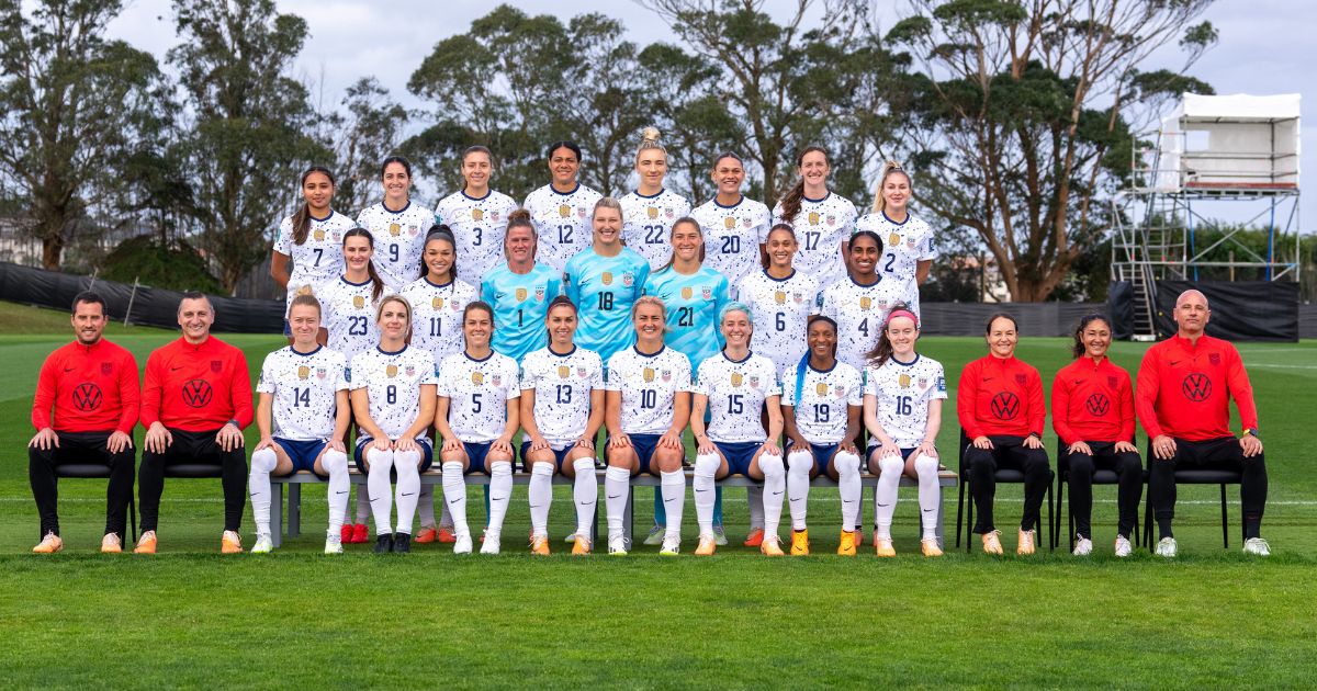 The U.S. Women's National Soccer Team poses for a team photo during training in Auckland, New Zealand, before the Women's World Cup on July 16.