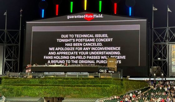 A message on the main scoreboard at Guaranteed Rate Field announces the cancellation of an 90s concert that was to feature Vanilla Ice, Tone Loc, and Rob Base after a baseball game between the Chicago White Sox and the Oakland Athletics on Friday in Chicago.
