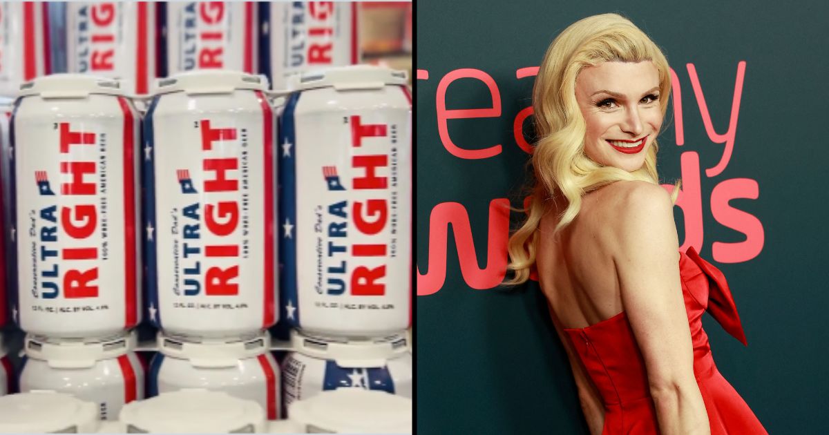 Conservative Dad's Ultra Right beer is displayed in a store. Dylan Mulvaney arrives for the 2023 Streamy Awards in Los Angeles on Sunday.