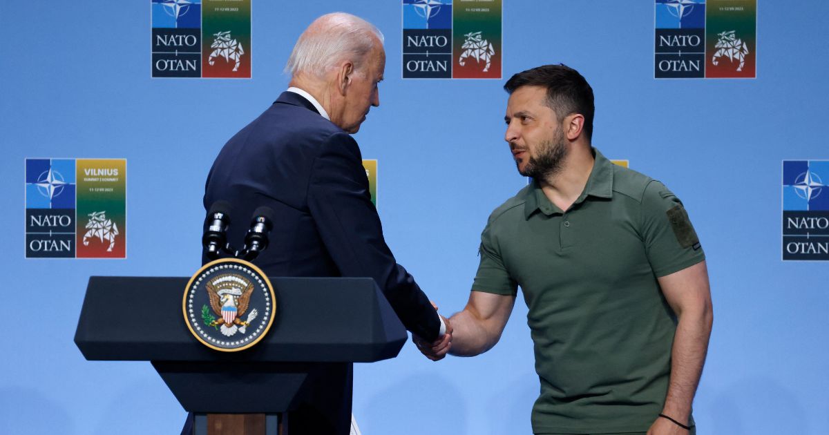 President Joe Biden, left, speaks shakes hands with Ukraine's President Volodymyr Zelenskyy during an event to announce a Joint Declaration of Support for Ukraine during the NATO summit, in Vilnius on July 12.