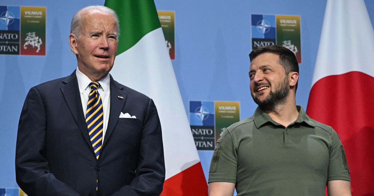 President Joe Biden, left, and Ukrainian President Volodymyr Zelenskyy pose during an event with G7 leaders to announce a Joint Declaration of Support for Ukraine during the NATO Summit in Vilnius on July 12.