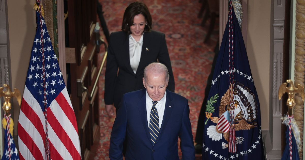 U.S. President Joe Biden, followed by Vice President Kamala Harris, arrives at an event before signing a proclamation in the Indian Treaty Room to establish the Emmett Till and Mamie Till-Mobley National Monument in Illinois and Mississippi July 25, 2023 in Washington, DC.