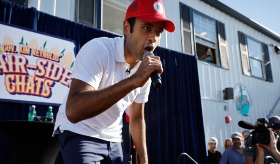 Biotech millionaire and Republican presidential candidate Vivek Ramaswamy raps to Eminem's "Lose Yourself" at the conclusion of one of Iowa Governor Kim Reynolds' "Fair-Side Chats" at the Iowa State Fair on August 12, 2023 in Des Moines, Iowa.