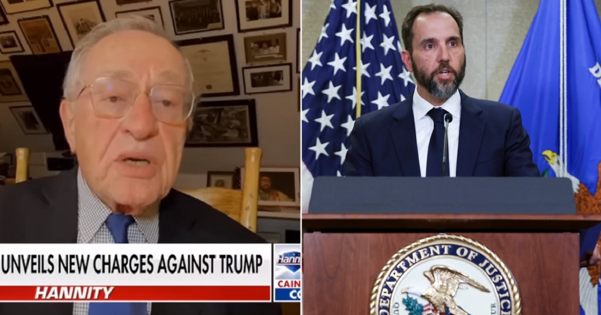 Harvard Law Professor Alan Dershowitz, left, appeared on Fox News "Hannity" on Tuesday to blast the indictment of former President Donald Trump announced Tueesday by special counsel Jack Smith.