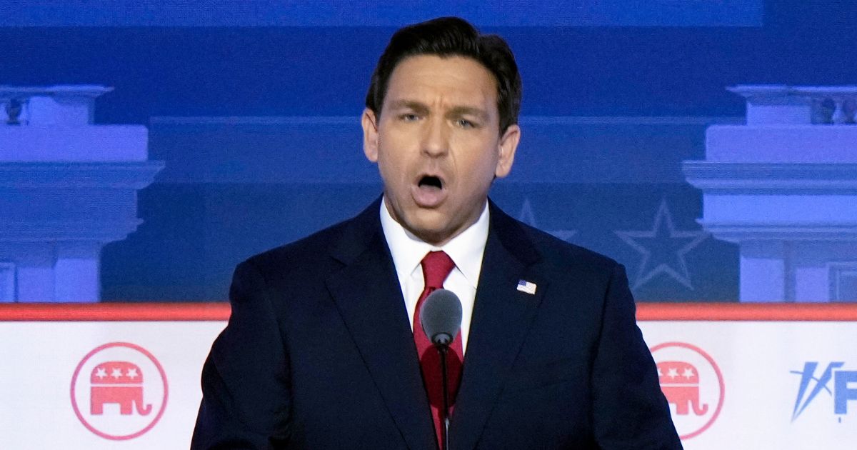 Republican presidential candidate Florida Gov. Ron DeSantis speaks during a Republican presidential primary debate hosted by FOX News Channel on Wednesday in Milwaukee.