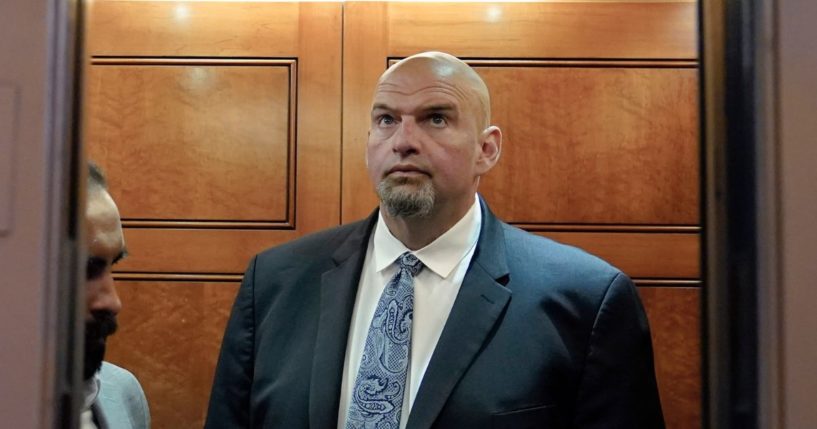 Democratic Sen. John Fetterman walks off an elevator, on June 13, on Capitol Hill in Washington, D.C. The Pennsylvanian was recently called out for making fun of a woman’s mental breakdown.