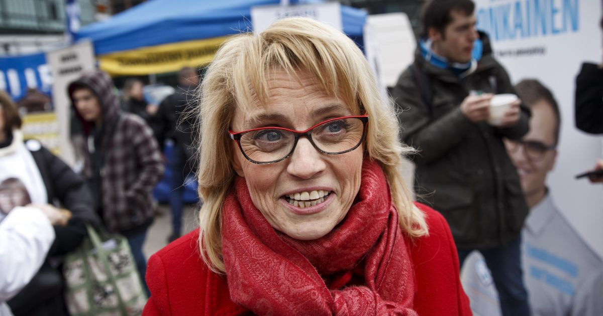 Chairwoman Päivi Räsänen of the Christian Democrats campaigns in Helsinki, Finland, on April 18, 2015.