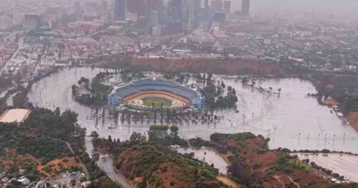 In a tweet from Aug. 21, a user shared aerial footage of Dodger Stadium surrounded by flooding. Southern California was recently hit with Hilary, a tropical storm.