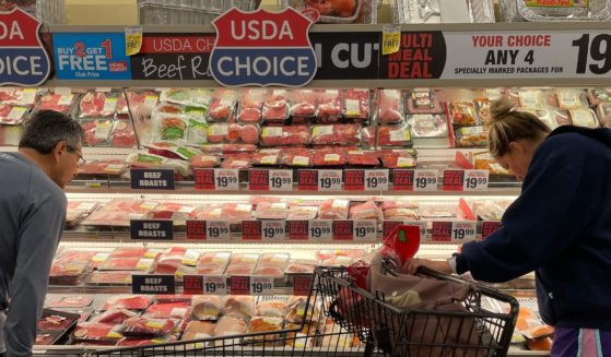 Consumers shop for meat at a Safeway grocery store in Annapolis, Maryland, on May 16, 2022, as Americans brace for summer sticker shock as inflation continues to grow.