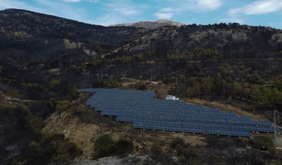 Solar panels are seen near a burned forest in Acharnes suburb, on Mount Parnitha, in northwestern Athens, Greece, on Sunday.