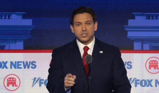 Republican presidential candidate, Florida Gov. Ron DeSantis pauses during a break in the first debate of the GOP primary season hosted by FOX News at the Fiserv Forum on August 23, 2023 in Milwaukee, Wisconsin.