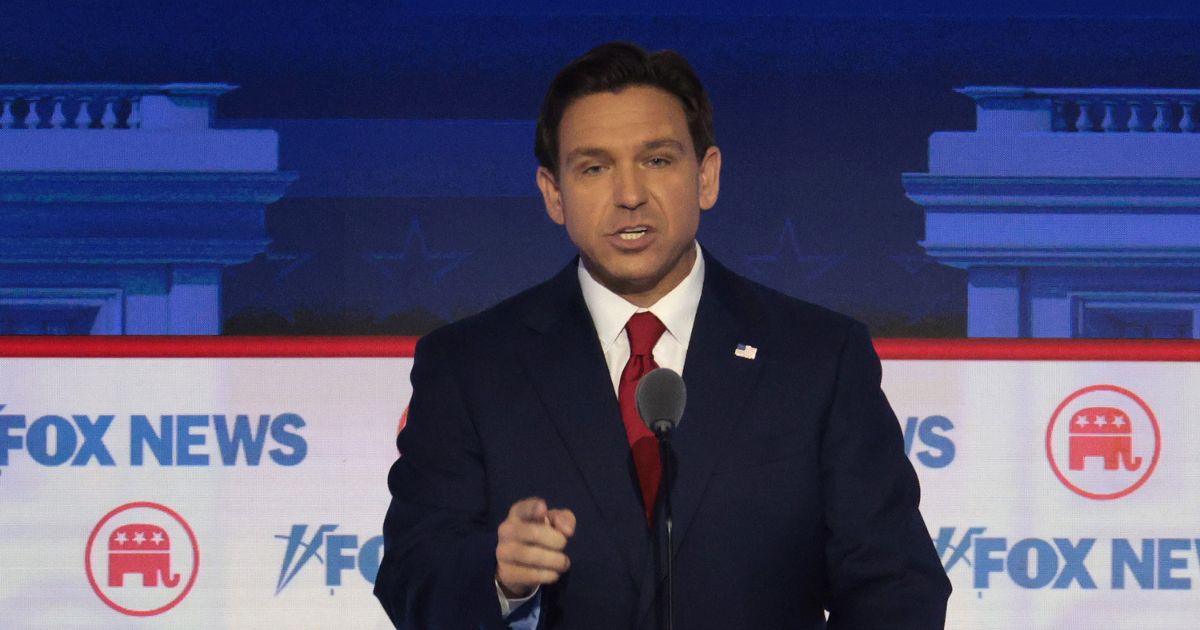 Republican presidential candidate, Florida Gov. Ron DeSantis pauses during a break in the first debate of the GOP primary season hosted by FOX News at the Fiserv Forum on August 23, 2023 in Milwaukee, Wisconsin.