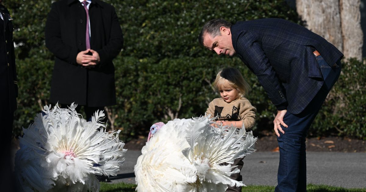 Hunter Biden and his son Beau Biden look at the two national Thanksgiving turkeys, Chocolate and Chip, on the South Lawn of the White House before a pardon ceremony in Washington, DC, on November 21, 2022.
