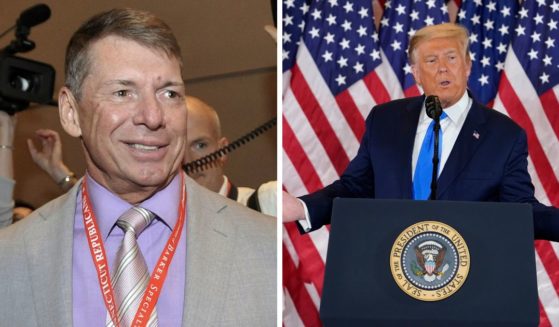 At the left, WWE Chairman and Chief Executive Officer Vince McMahon is shown at the Connecticut Republican Convention in Hartford, Conn., on May 21, 2010. At the right, former President Donald Trump speaks in the East Room of the White House, on Nov. 4, 2020, in Washington.