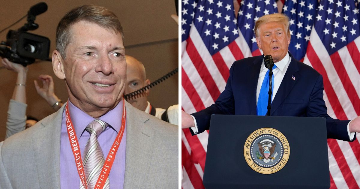 At the left, WWE Chairman and Chief Executive Officer Vince McMahon is shown at the Connecticut Republican Convention in Hartford, Conn., on May 21, 2010. At the right, former President Donald Trump speaks in the East Room of the White House, on Nov. 4, 2020, in Washington.