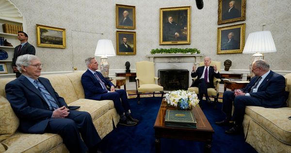 President Joe Biden, second from the right, meets with Senate Minority Leader Mitch McConnell, left, to discuss the debt limit in the Oval Office of the White House, on May 9, in Washington. Recently, McConnell claimed that impeaching President Biden would be “not good for the country."