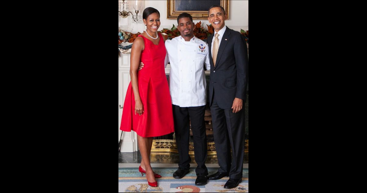 Michelle and Barack Obama, left and right, have each released statements about the death of their former chef Tafari Campbell, center.
