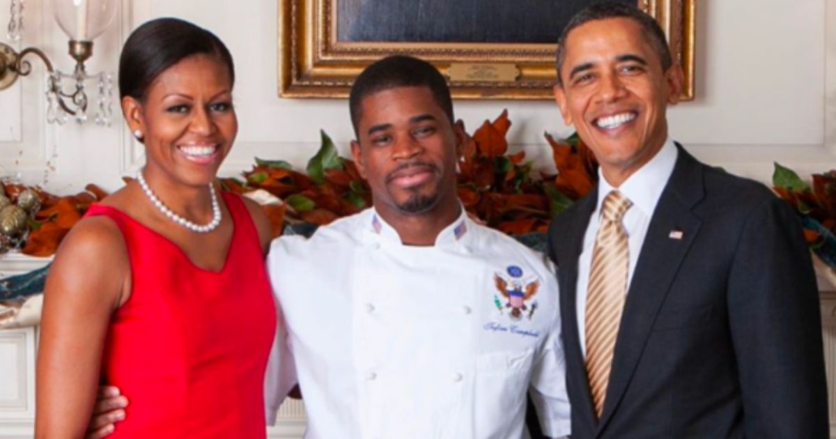 This Twitter screen shot shows former President Barack Obama, former first lady Michelle Obama, and chef Tafari Campbell.
